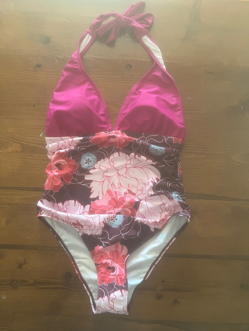 Halter Floral One-Piece Swimsuit in Fuchsia Pink